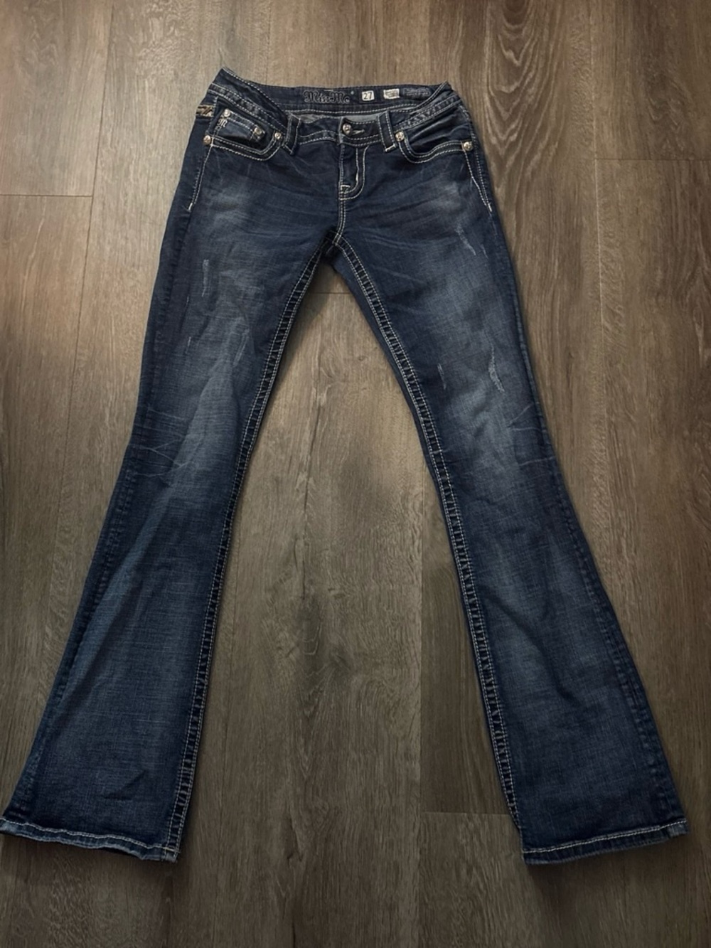 Miss Me Dark Blue Jeans with Gold Embossed Leather Patch - Picture 2 of 3